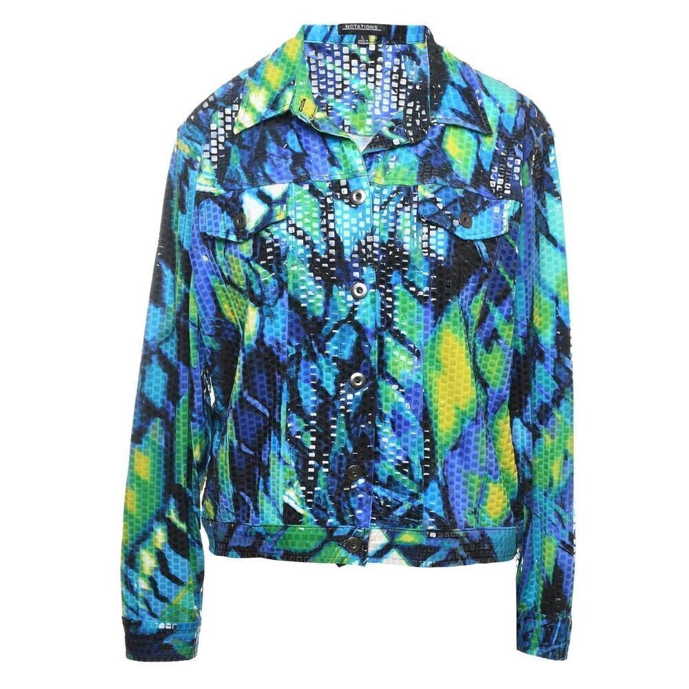 Notations Women’s Blue and Green Square Print Shiny Button Up Jacket Size XL